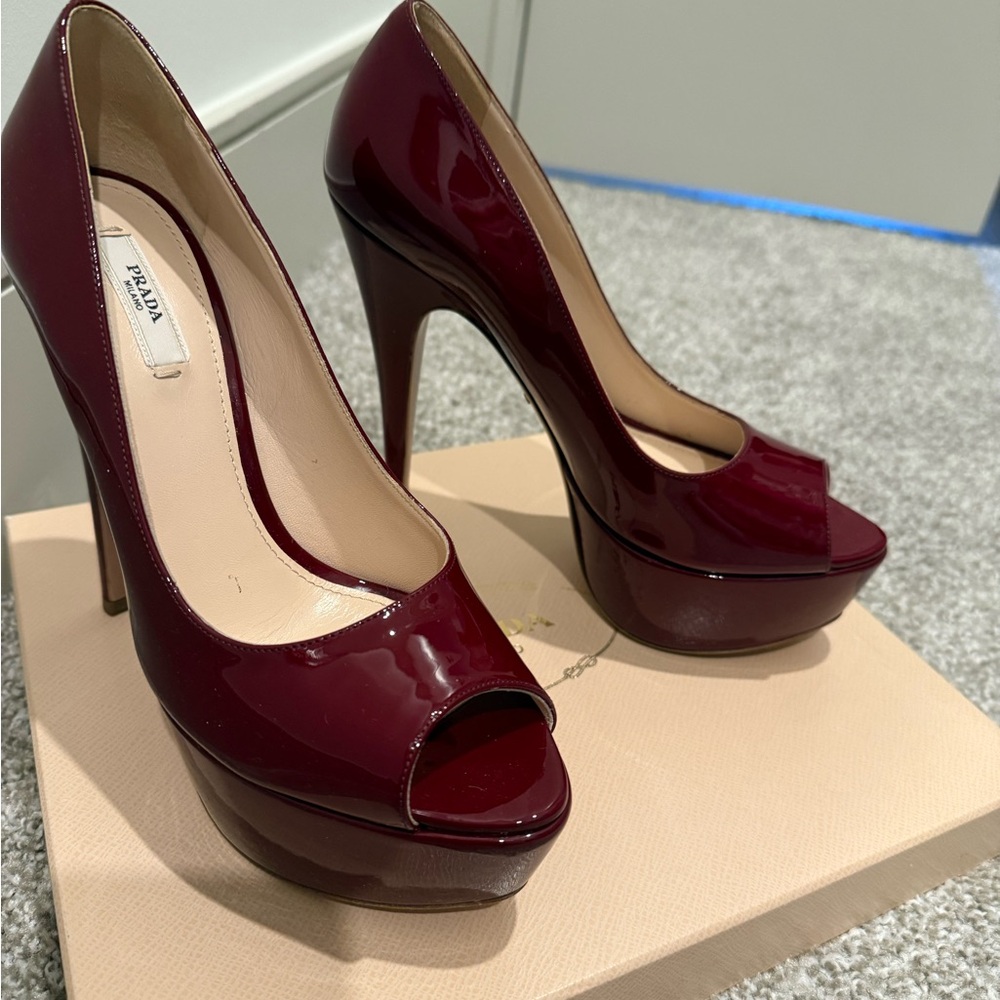Prada Burgandy Patent Leather Peep-Toe Heels